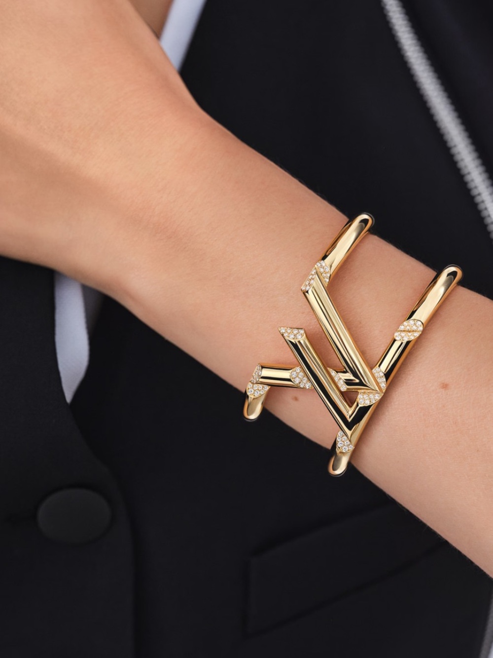 Gold LV Logo Pavé Cuff Bracelet